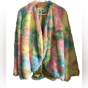 Miracle Eye USA Psychedelic Tie Dye Rainbow Fuzzy Pill Coat Pride Retro Size L